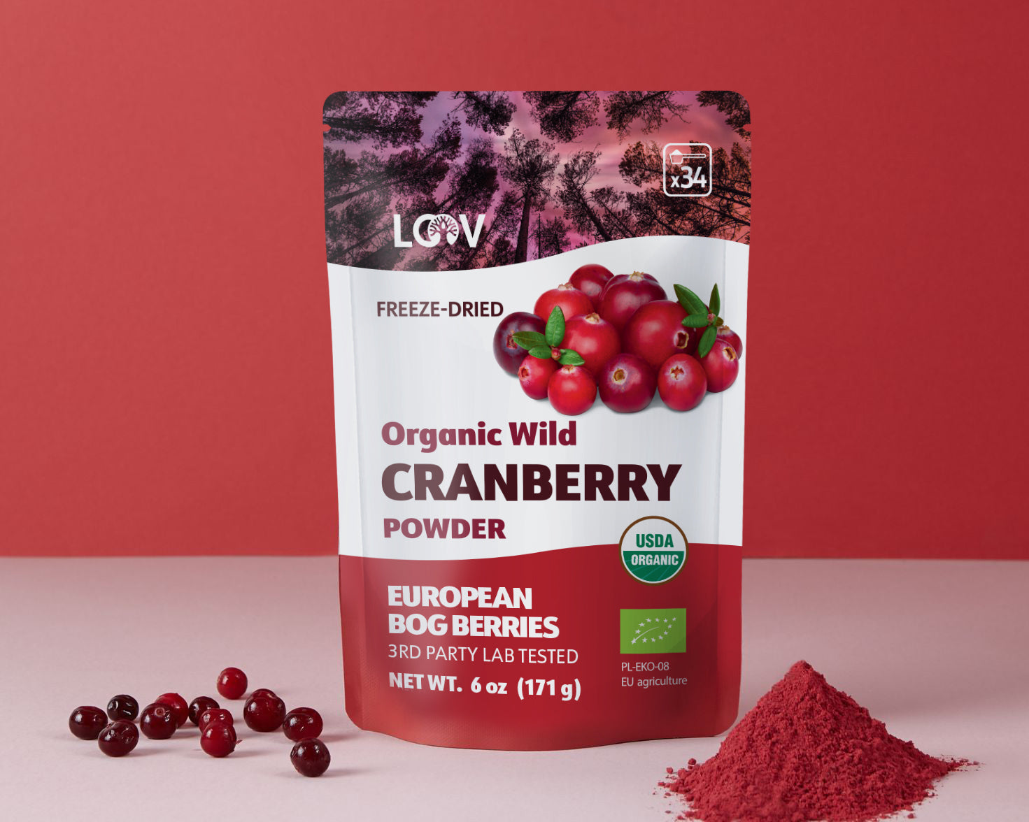 “A stand-up pouch of LOOV Freeze-Dried Organic Wild Cranberry Powder, with white and deep red packaging showing fresh cranberries on the front. A small mound of vibrant red powder sits in front of the bag.”