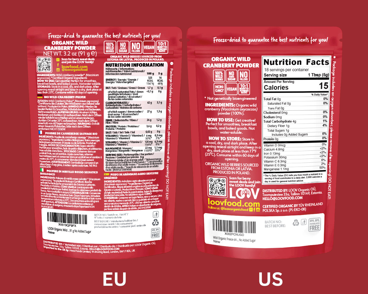 “A stand-up pouch of LOOV Freeze-Dried Organic Wild Cranberry Powder, with white and deep red packaging showing fresh cranberries on the front. A small mound of vibrant red powder sits in front of the bag.”