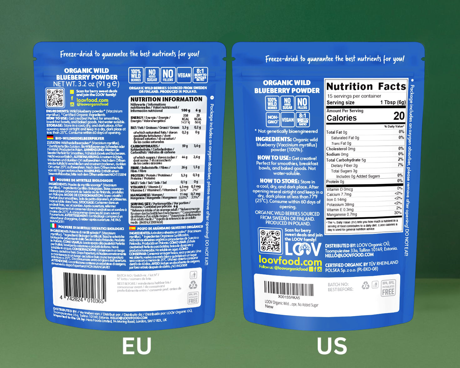 “Two LOOV stand-up pouches side by side labeled ‘Organic Wild Blueberry Powder’ (blue/white) and ‘Organic Wild Cranberry Powder’ (red/white), with images of blueberries and cranberries on the packaging.”