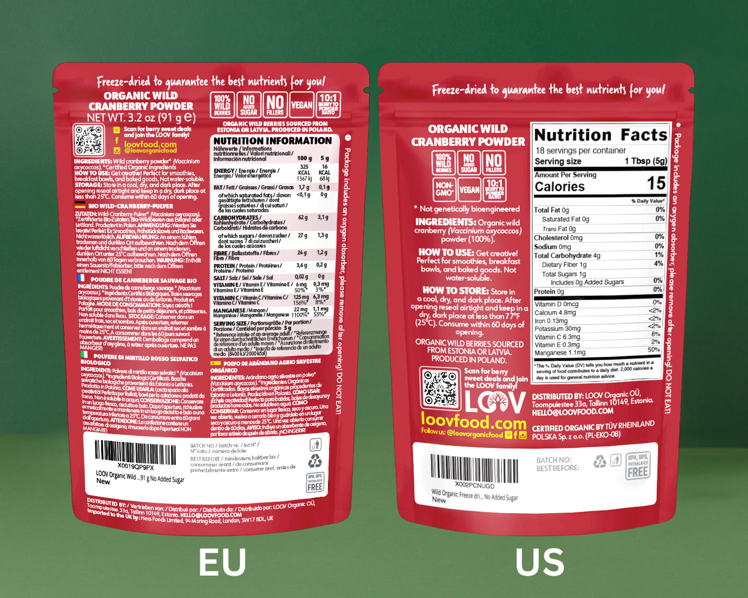 “Two LOOV stand-up pouches side by side labeled ‘Organic Wild Blueberry Powder’ (blue/white) and ‘Organic Wild Cranberry Powder’ (red/white), with images of blueberries and cranberries on the packaging.”