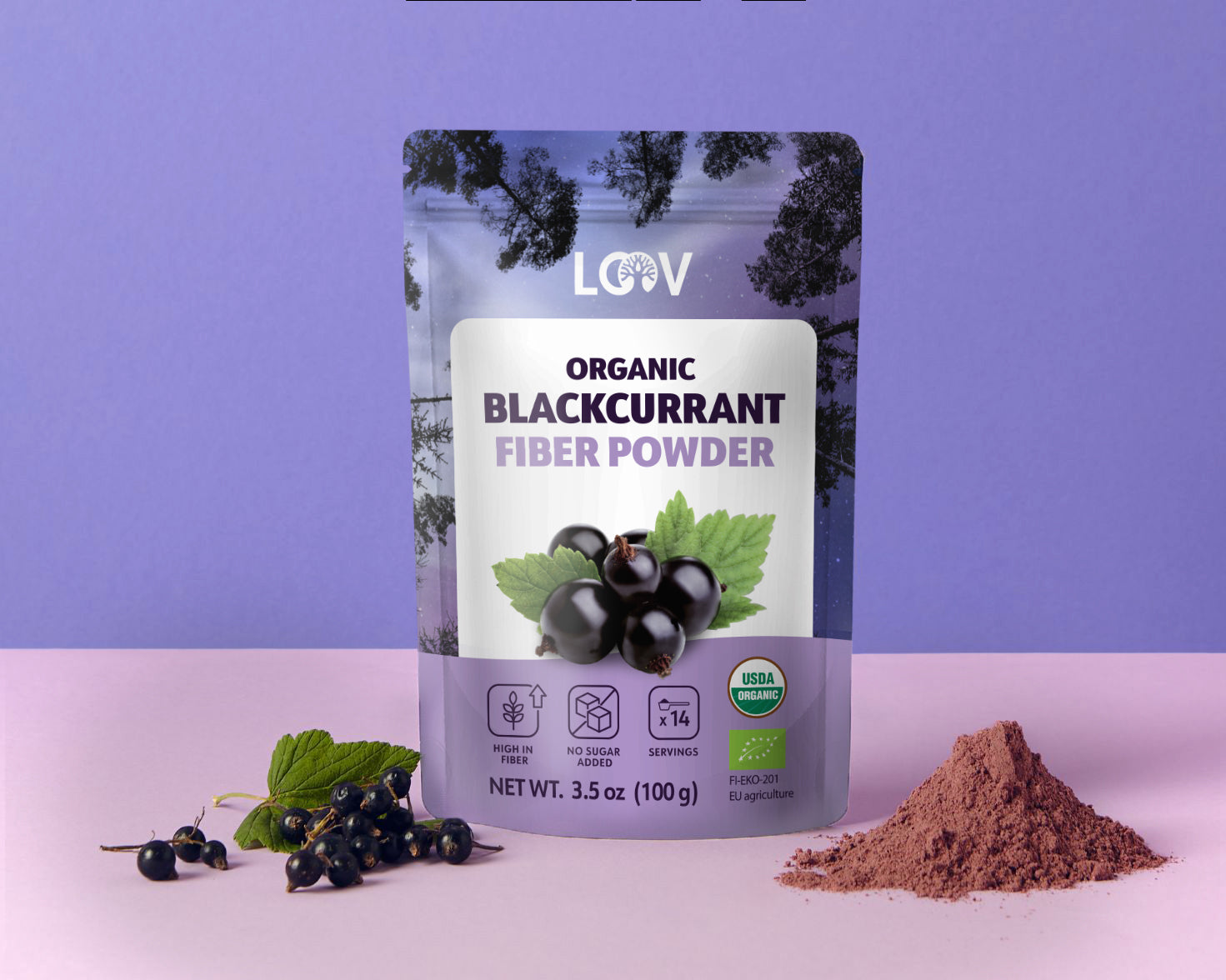 Packaging of LOOV organic blackcurrant fiber powder with berries and green leaves, next to a small mound of powder. Background is purple, conveying a natural, healthy vibe.
