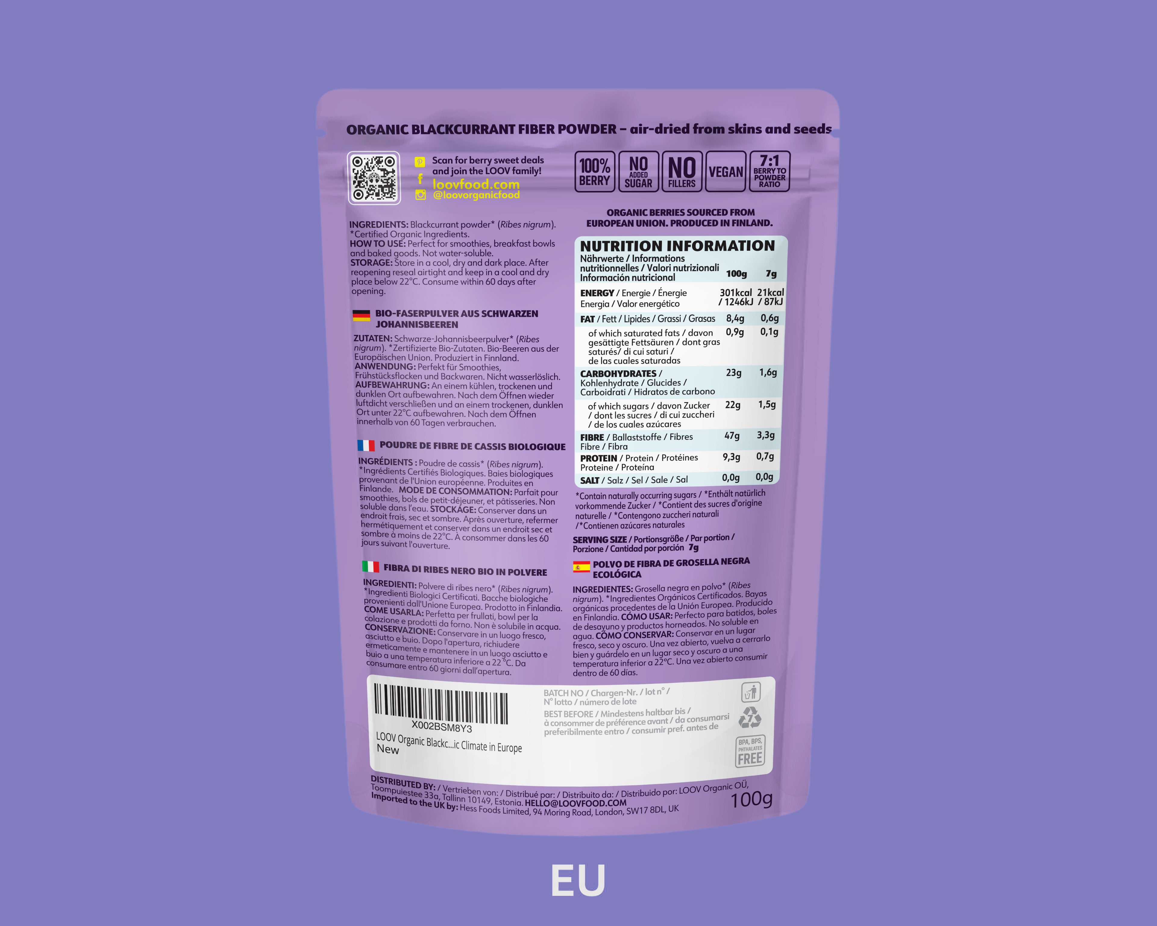 Back of a purple packaging for LOOV organic blackcurrant fiber powder. It shows ingredients, nutritional facts, and descriptions in multiple languages.