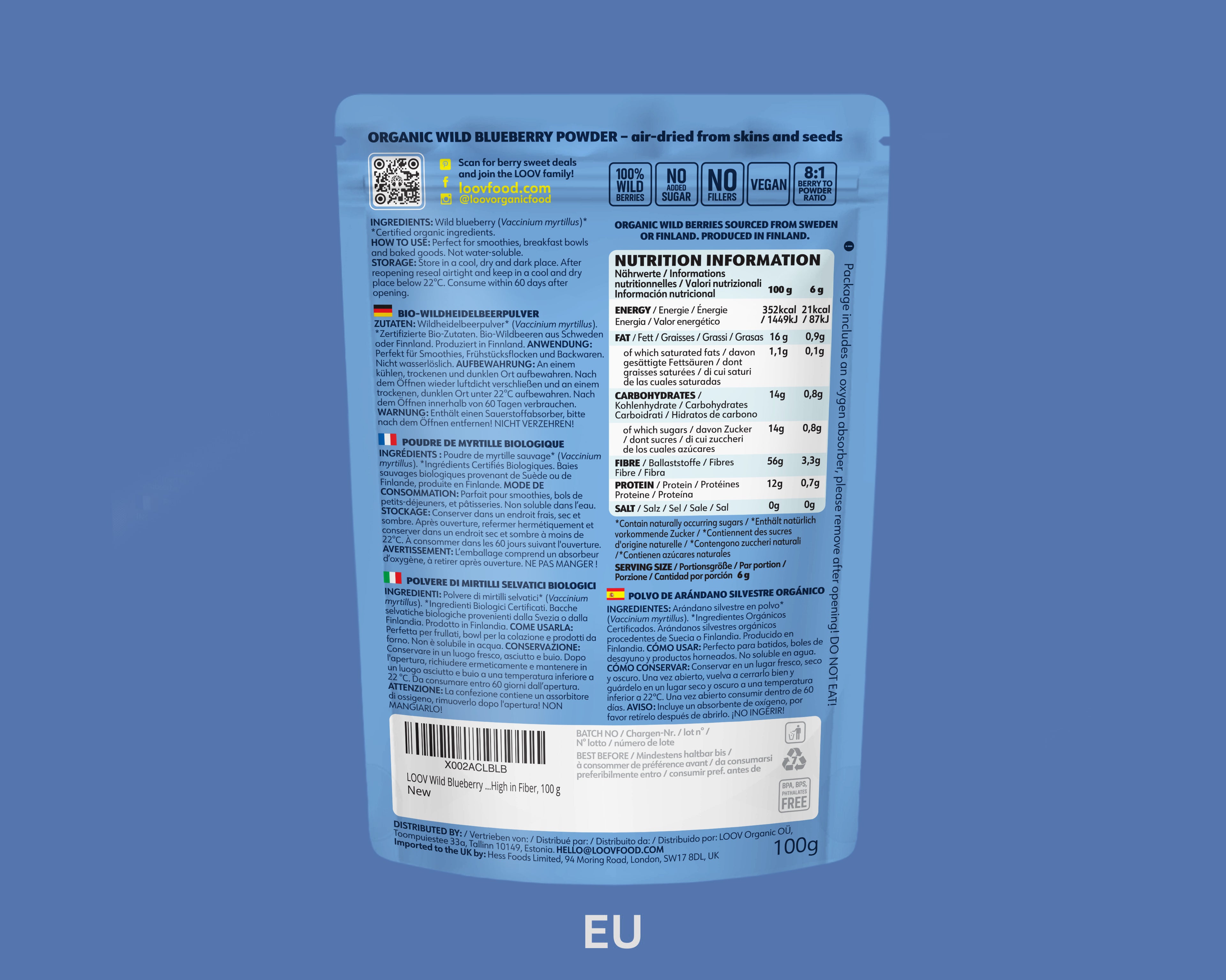 The back of a blue package labeled 