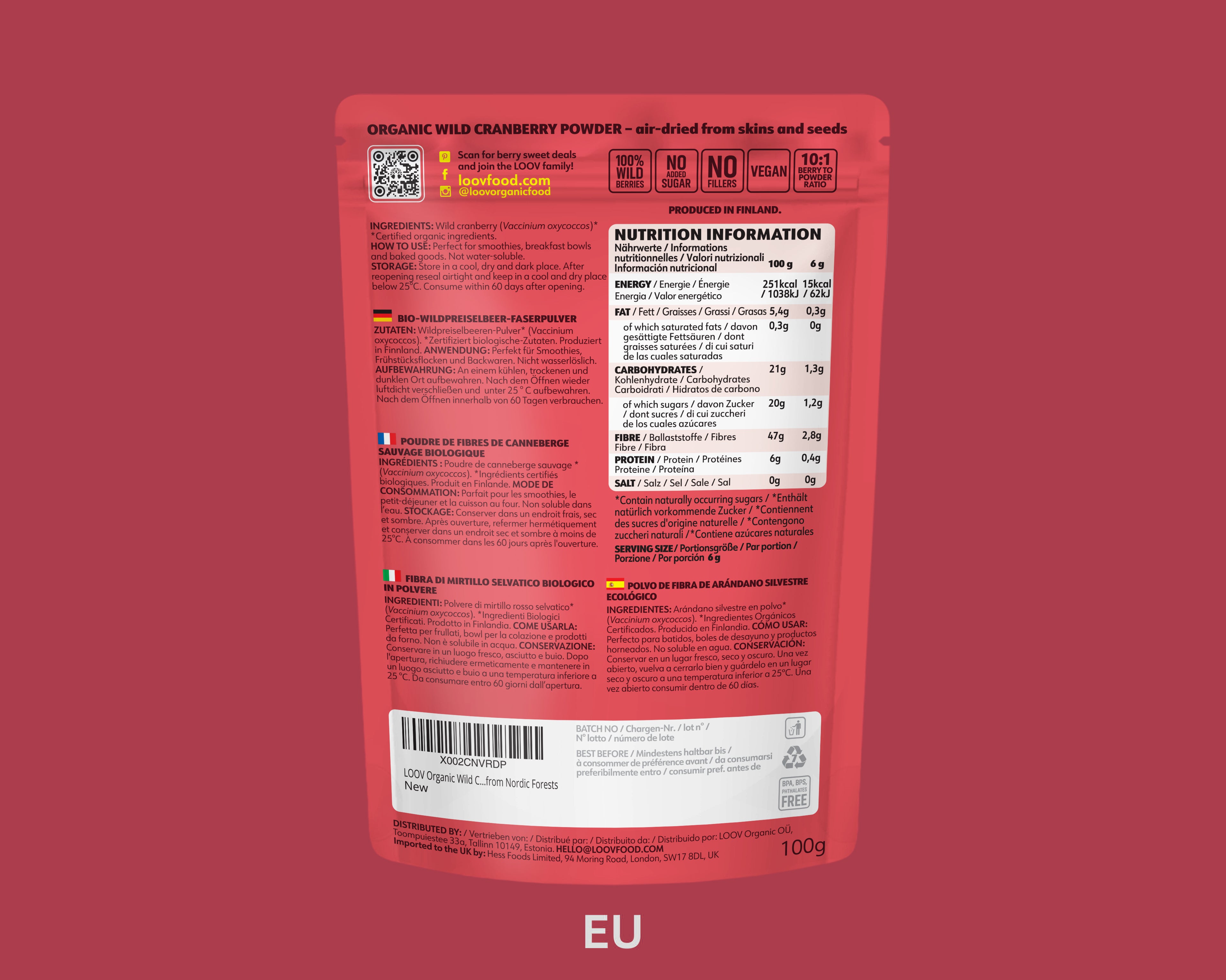 Back view of a red package of LOOV organic wild cranberry powder, showing detailed nutrition information, ingredients, and labels indicating it's vegan, sugar-free, and produced in Ireland.